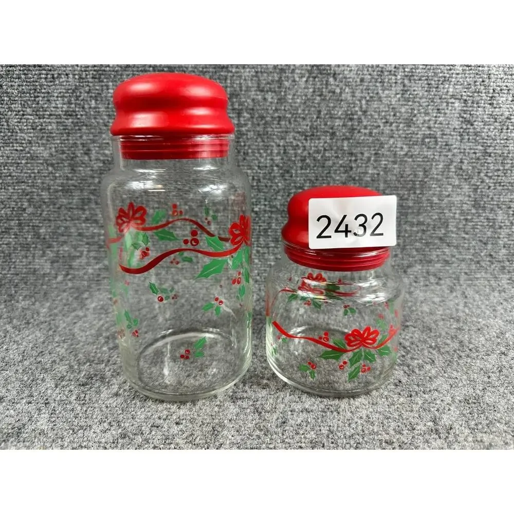 Corning Christmas Glass Jars Set of 2 Red Lids Holiday Storage Canisters